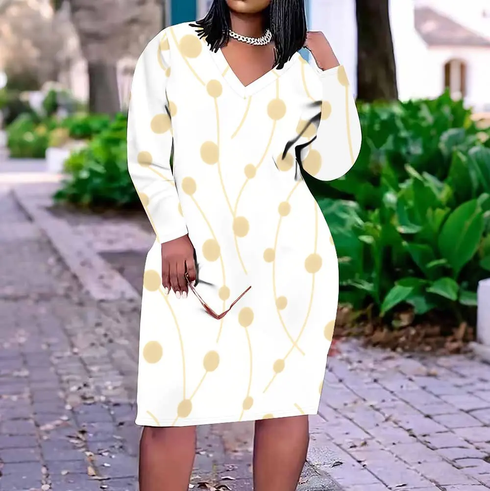 Women V Neck Long Sleeve Fitted Dress, White with Light Yellow Linked Polka Dot Print