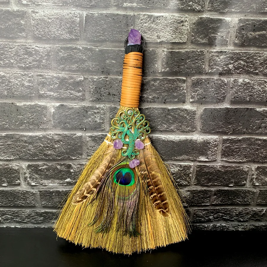 Broom Large Broom Natural Amethyst Tree of Life Peacock Feather Altar Ornaments Broom and Dustpan Set