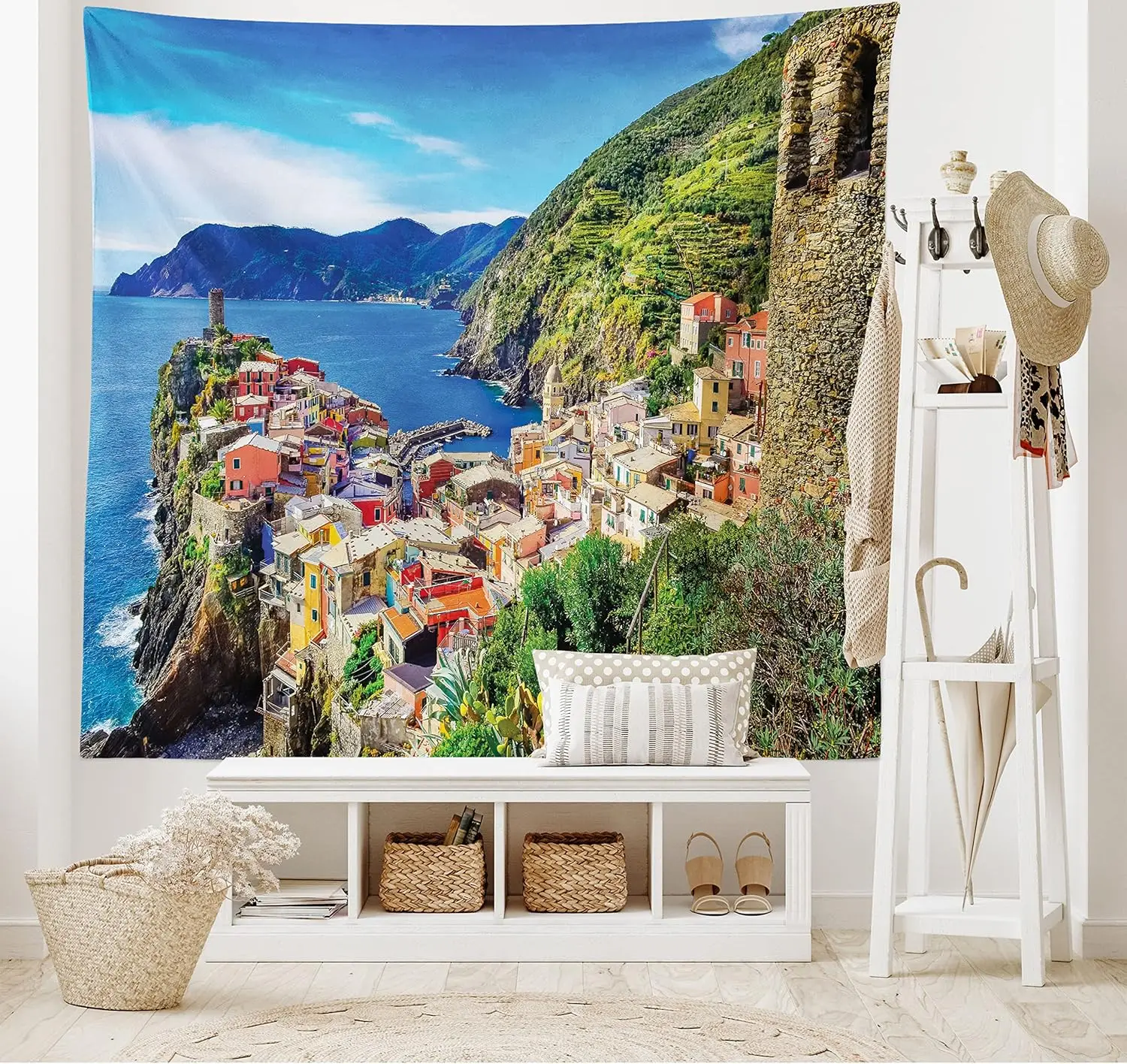 Colorful Tapestry,Scenic Image of Vernazza Village in Cinque Terre Northern Italy,Wide Wall Hanging for Bedroom Living Room Dorm
