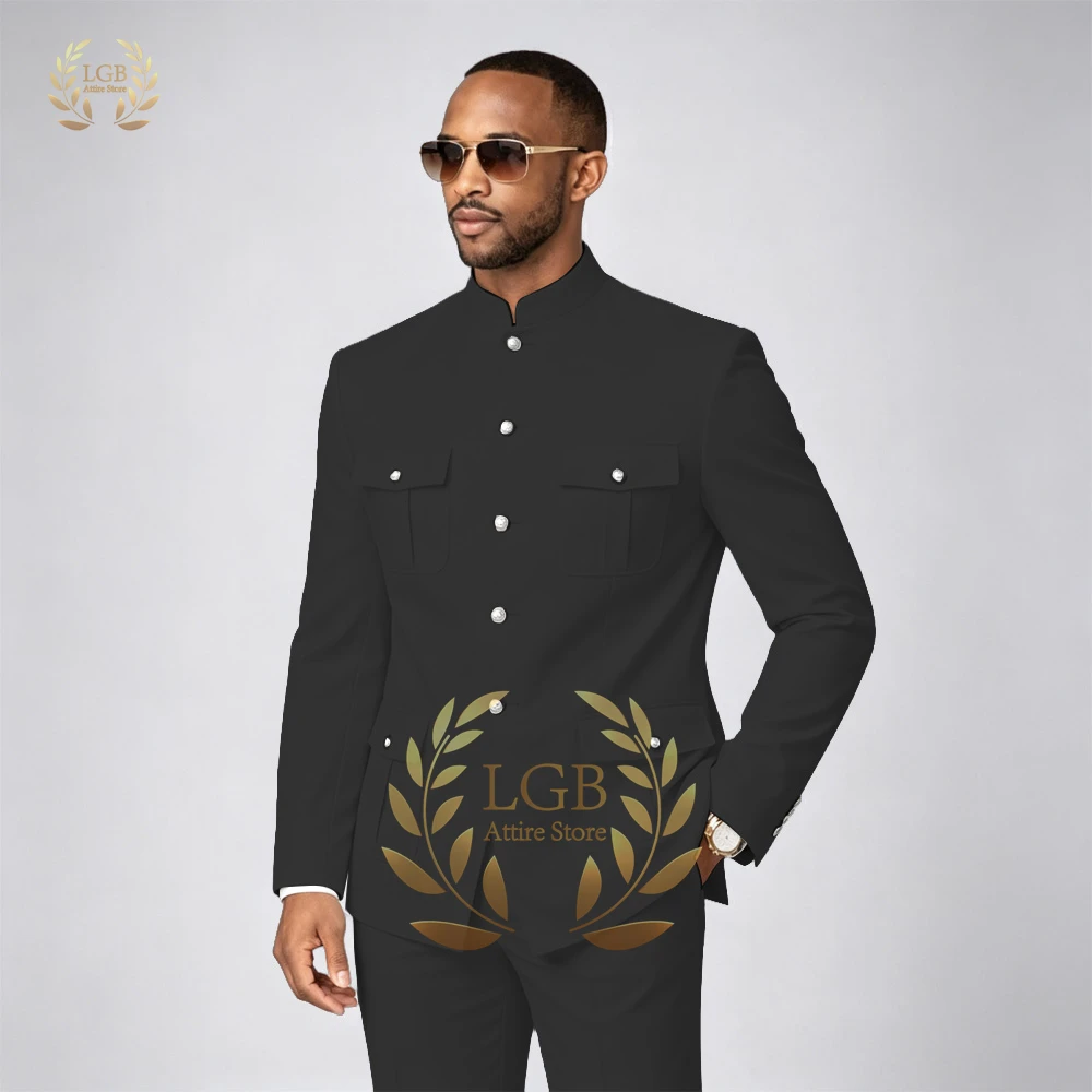 Men's Stand Collar Suit Set Single Breasted 4 Pocket Formal Wedding Party Blazer Pants Two Piece Business Casual Outfit