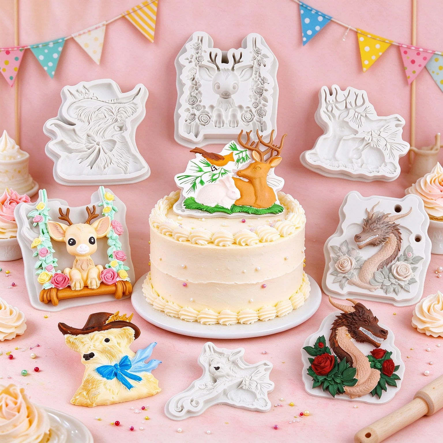 3D Deer Dragon Angel Silicone Mold Cartoon Animal Fondant Mould for Cake Decorating Chocolate Soap Gypsum Epoxy Resin DIY Craft