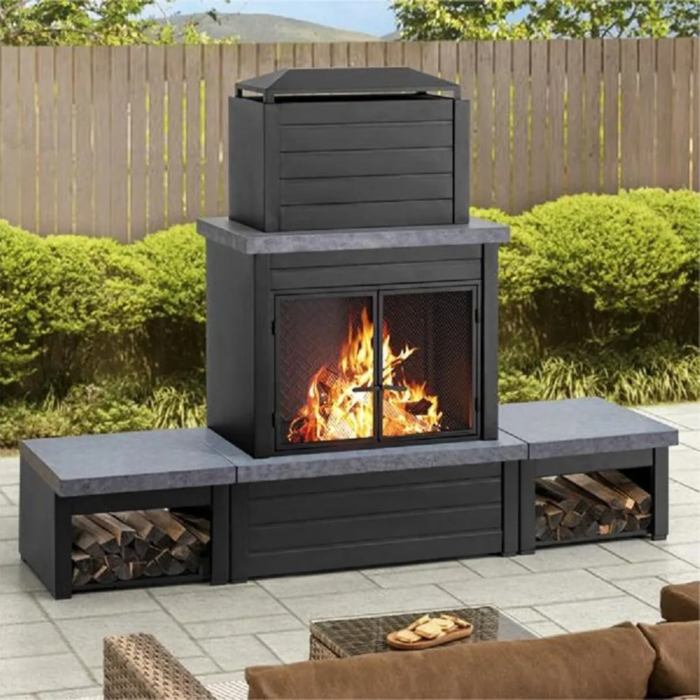 

Outdoor Fireplace with Wood Storage and Chimney, Steel Metal Wood Burning Fire Pit with Mesh Spark Screen Door & Fire Pok