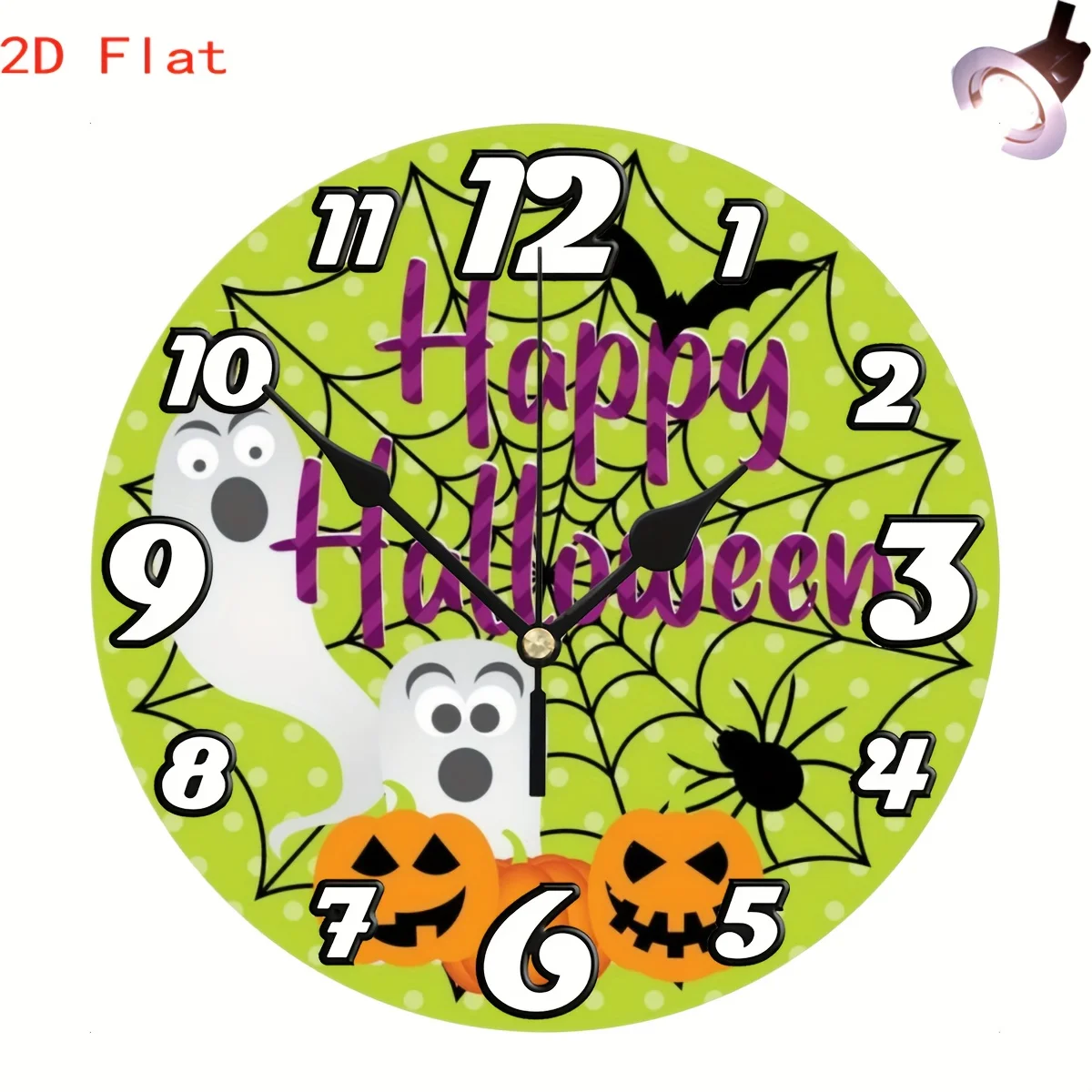 One Piece of a Stylish 10-Inch 2D Flat Wall Clock Featuring a Halloween Ghost And Pumpkin Design. It Has a High-Definition