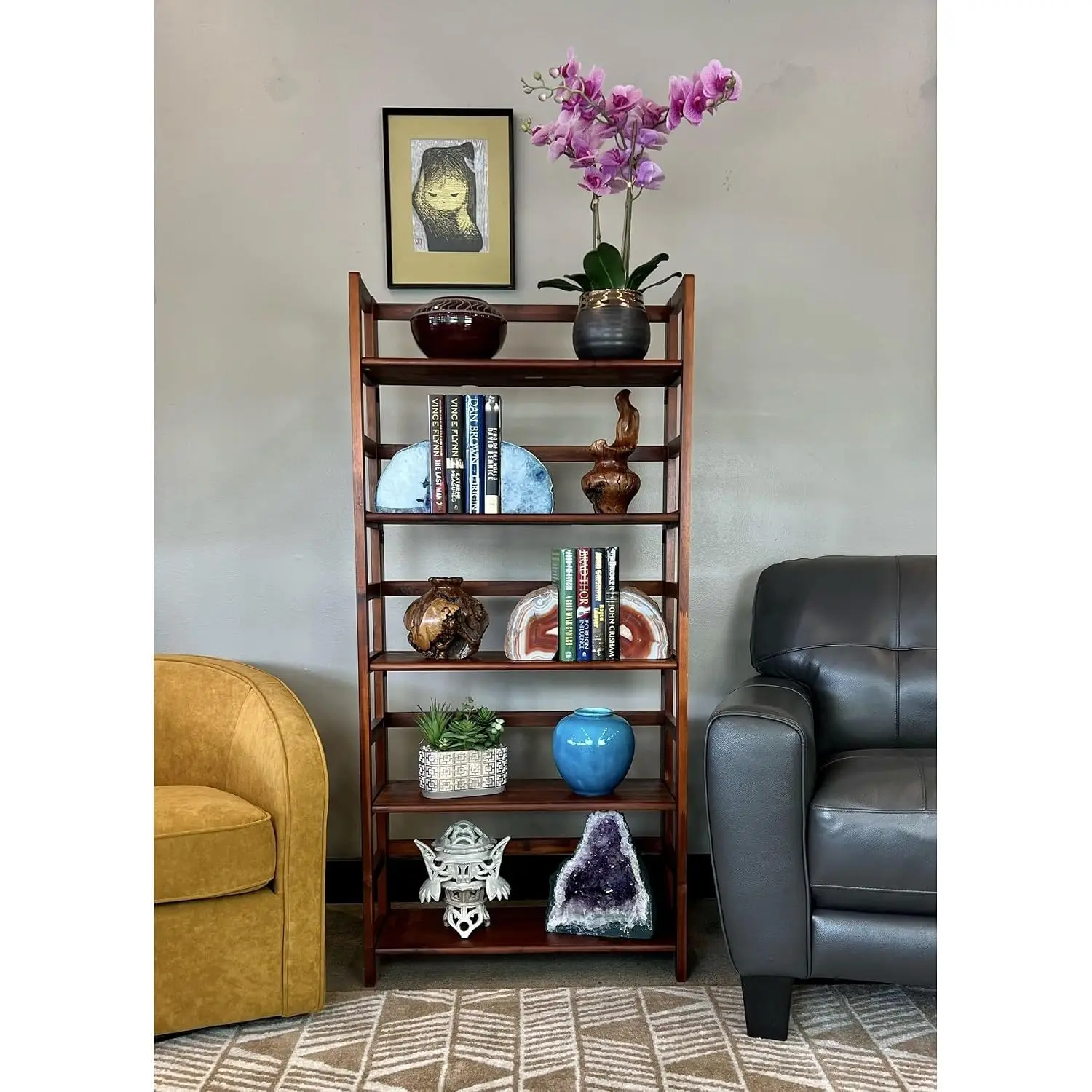 Acacia Wood 5-Tier Folding Bookcase Mid-Century Modern Lacquer Finish Living Room Office 60