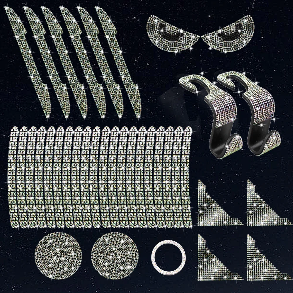 

37Pcs Shiny Rhinestone Diamond Wheel Reflective Sticker Auto Door Corner Waist Line Sticker Coaster Hook Car Accessories Set