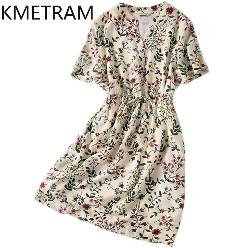 

KMETRAM High-end Mulberry Silk Dress for Women 2024 Floral Dresses Summer V-neck Skirt Mid-length Women's Clothing New