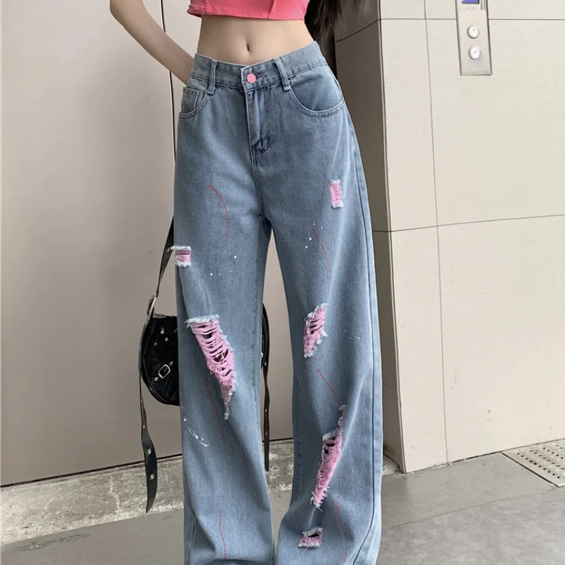 Jeans for Women with Torn Holes 2023 Spring/Summer New High Waist Slim Loose Casual Straight Leg Wide Leg Pants Trend