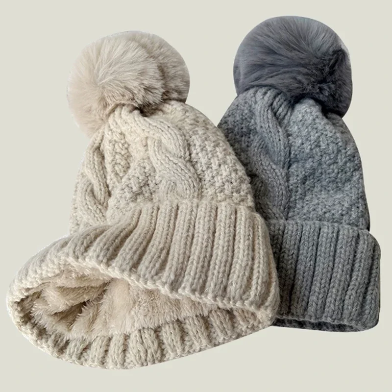 Autumn Winter Men Women Knitted Hat Solid Color Soft Thick Fleece Lined Beanies Cap Faux Fur Pom Pom Fashion Outdoor Sports Hats