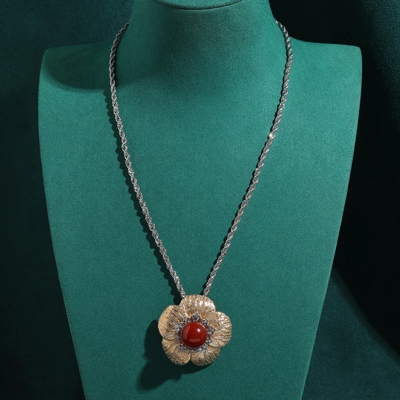 

Vintage Flower Necklaces Pendent Large Red Natural Stone Silver Color High Luxury Wedding Woman Brand Jewelry New Trends 2026
