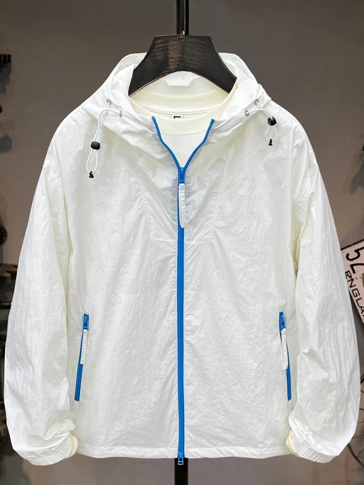 

White Ice Silk Breathable Men's Summer Ultra-Thin Qui-Drng Outdoor Hooded UV Protection Jaet Youth Faionable Windbreaker