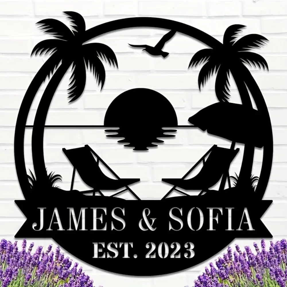 2D Flat Custom Palm Tree Metal Name Sign Personalized Beach Letter Plaque Waterproof Indoor Outdoor Easy Install