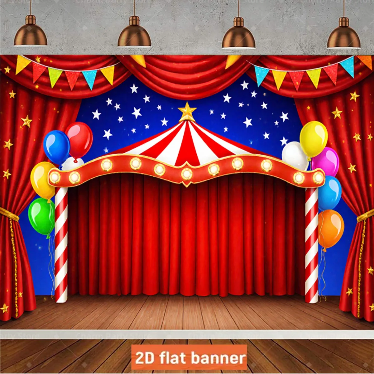 2D plane, 1 circus-themed party banner - carnival clown and circus tent pattern
