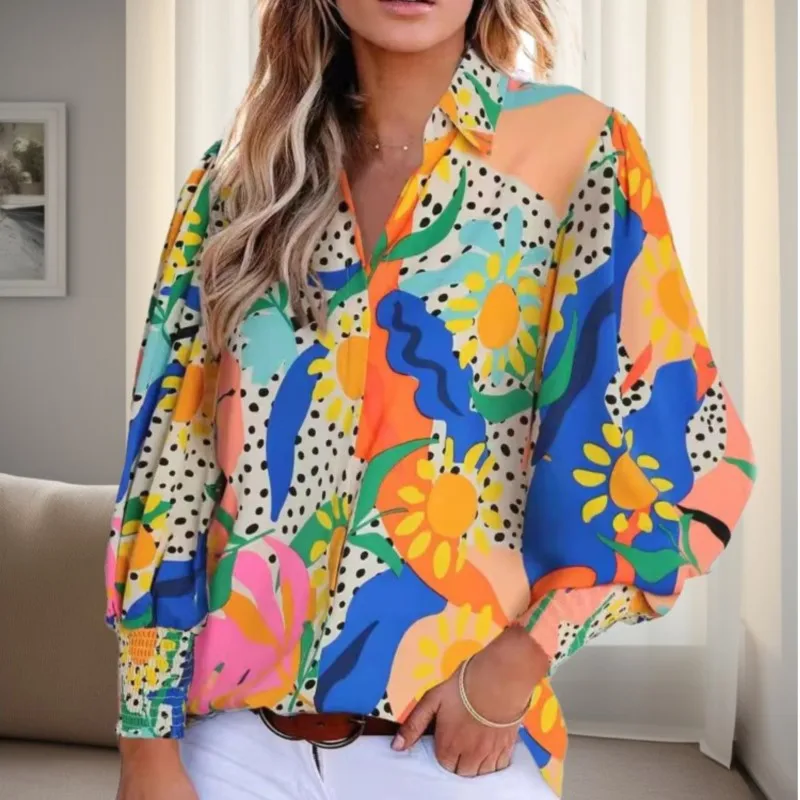 Camisas y Blusas con cuello en V para mujer, Tops estampados de manga larga, camisa Vintage juvenil dulce para mujer, Blusas informales holgadas para vacaciones 2025