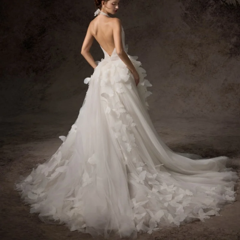 فساتين زفاف بيضاء خارج الكتف مشد صائق 3D فراشة صائق تنورة فساتين الزفاف متعدد الطبقات صنع ﻿ تخصيص