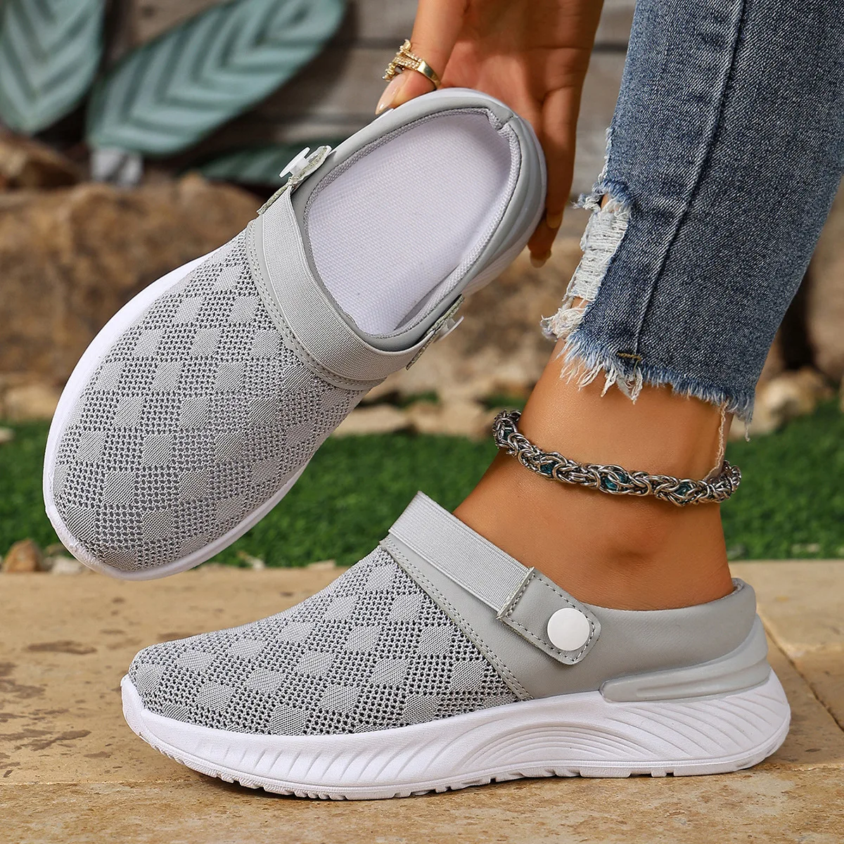 Verstellbare Schnallen-Rückenriemen Keilabsatz-Pantoletten für Damen, Atmungsaktives Strickmesh, Rutschfeste Weiche Sohle, Tägliche Geh- und Freizeitschuhe – Detail 10