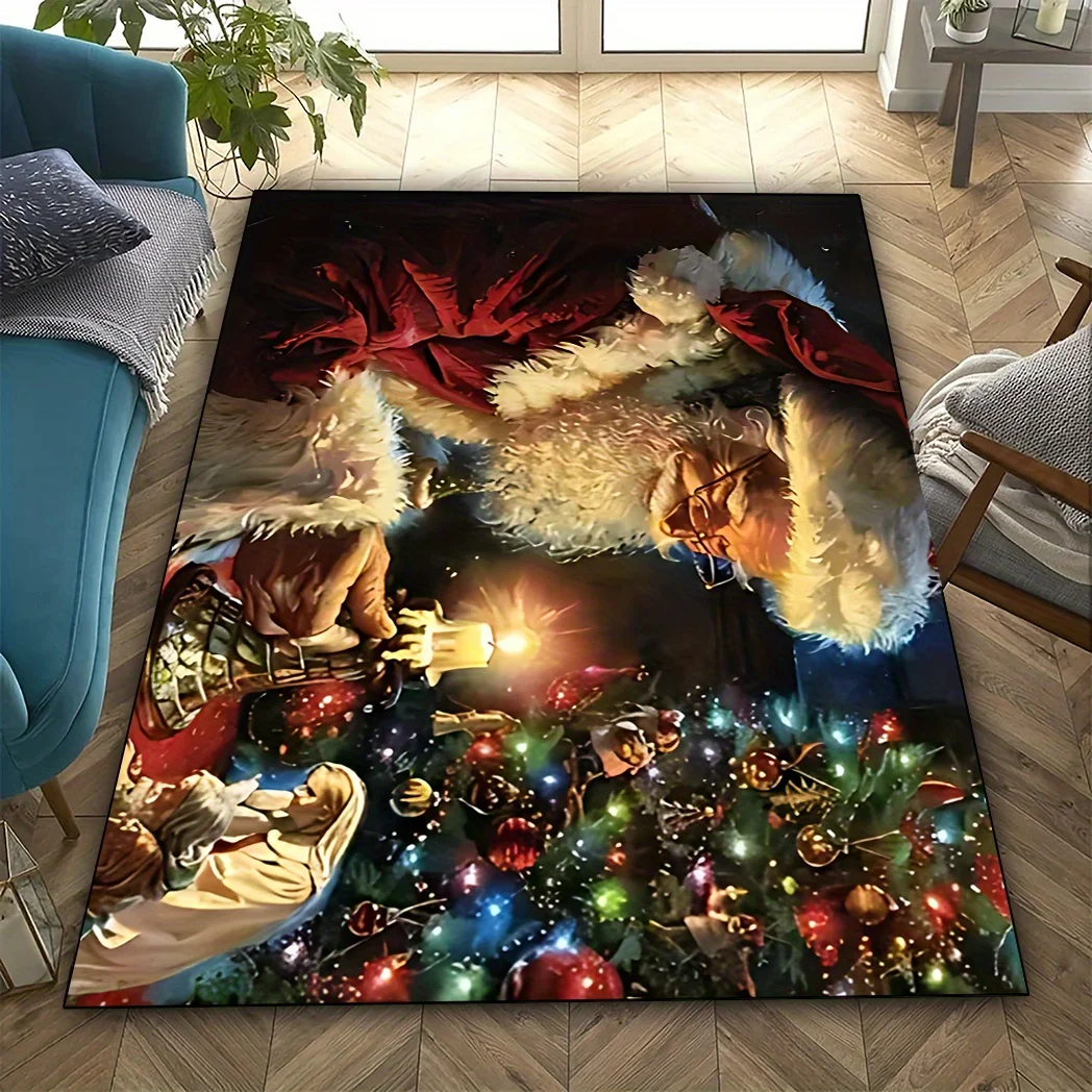 1pc Santa And Candle Pattern Area Rug, Washable, Elegant Holiday Home Decor, Perfect for Bathroom Kitchen Dining Room
