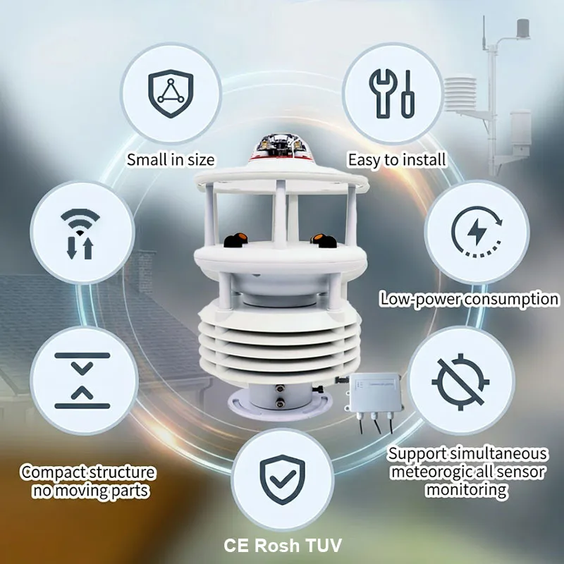 

Компактная уличная метеостанция RS485 MODBUS RTU «Всё в одном»: температура, влажность, скорость и направление ветра, давление, осадки