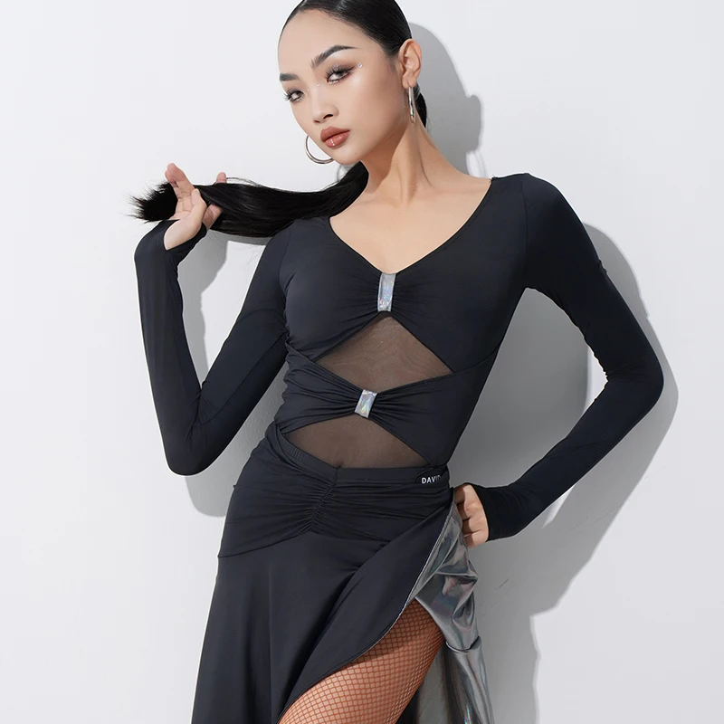 2025 High-End Latin Dance Competition Clothing Women  Long Sleeved Mesh Top Skirt Practice Suit Chacha Rumba Latin Dress DW207