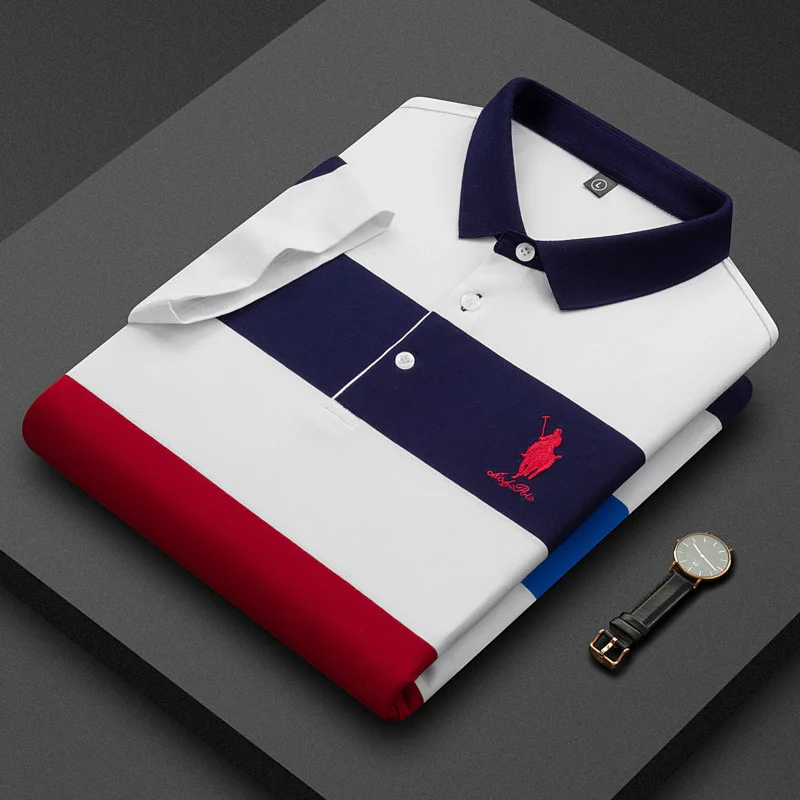 

Men's Slim Fit Short Sleeve T-Shirt Pure Cotton Collared Overhead Business Mid-Year Striped Shirt Handsome Cleanfit Style