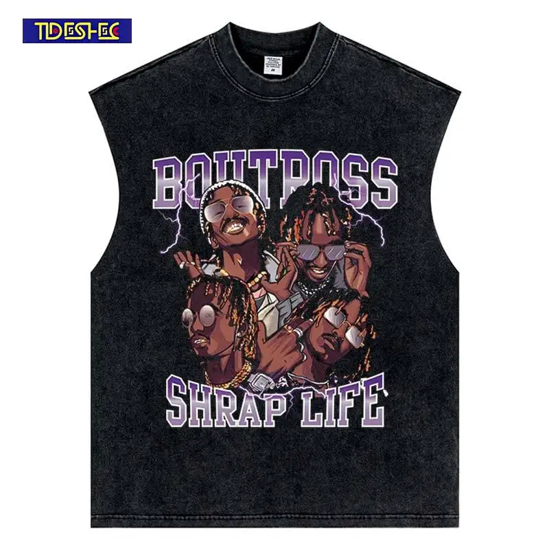 

2025 Harajuku Hip Hop Wear Glasses Men Portrait Print Oversized Vintage Streetwear Vest Washed Loose Sleeveless Cotton Tank Top