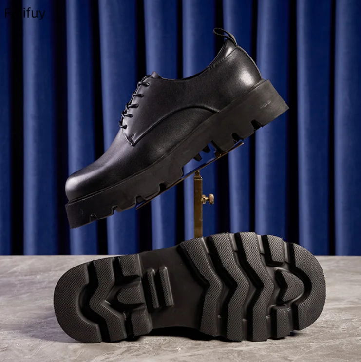 British Style Mens Derby Shoes Round Toe Formal Shoes Comfortable Genuine Leather Business Casual Footwear Platform Sneakers