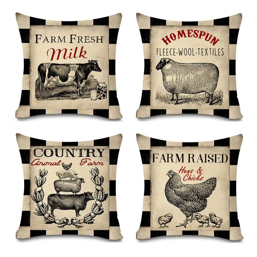 

Farmhouse Pillow Covers Farm Animal Throw Pillow Case Buffalo Plaid Sheep Chicken Pig Cow Country Cushion Cover for Couch Sofa C