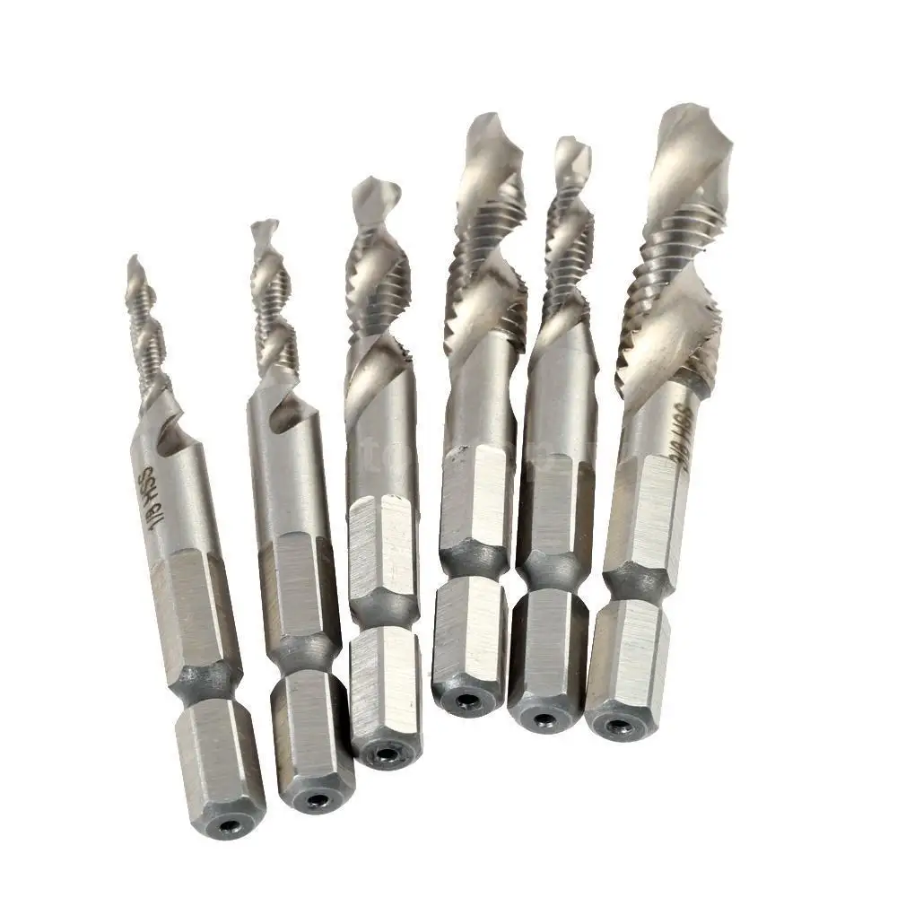 6Pcs Titanium HSS Combination Drill Tap Bit Countersink Hex Shank M3-M10