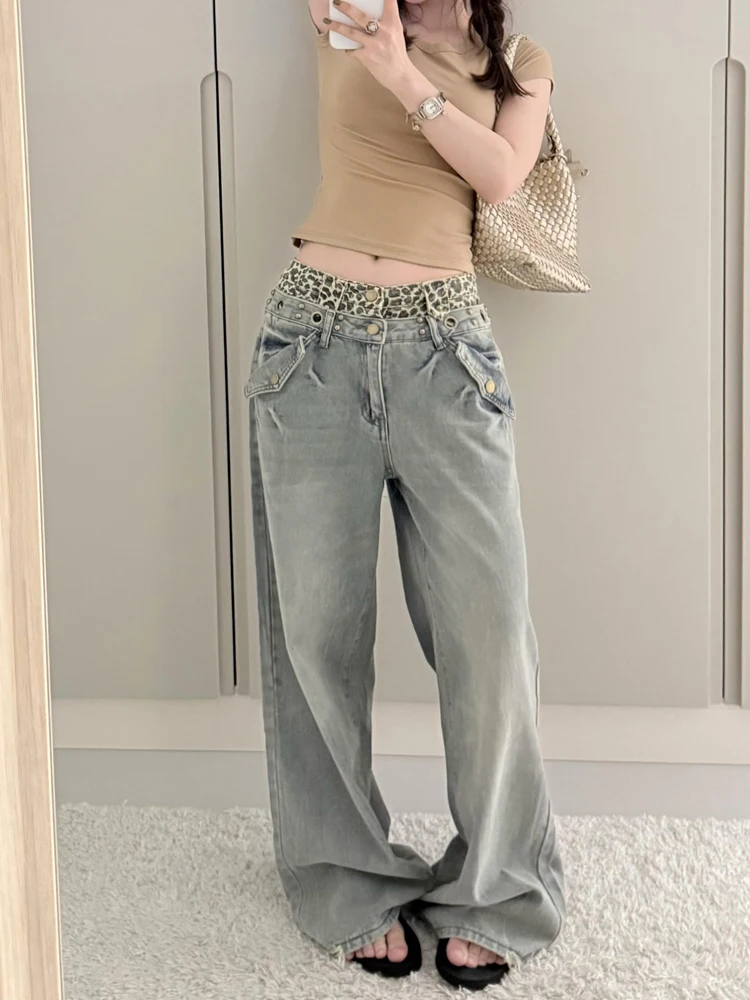 Sweet Cool Spicy American Style Leopard Print Patchwork Denim Jeans Women Summer Washed Loose Straight Wide Leg Pants