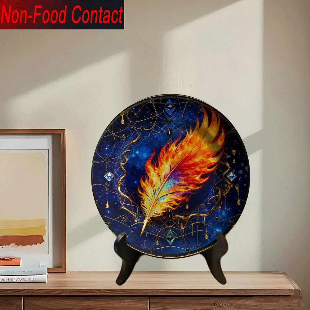 1pc Ceramic Decorative Plate with Flame Feather Starry Night Design - Round Non-Food Contact Suitable for Home Decor, Elegant