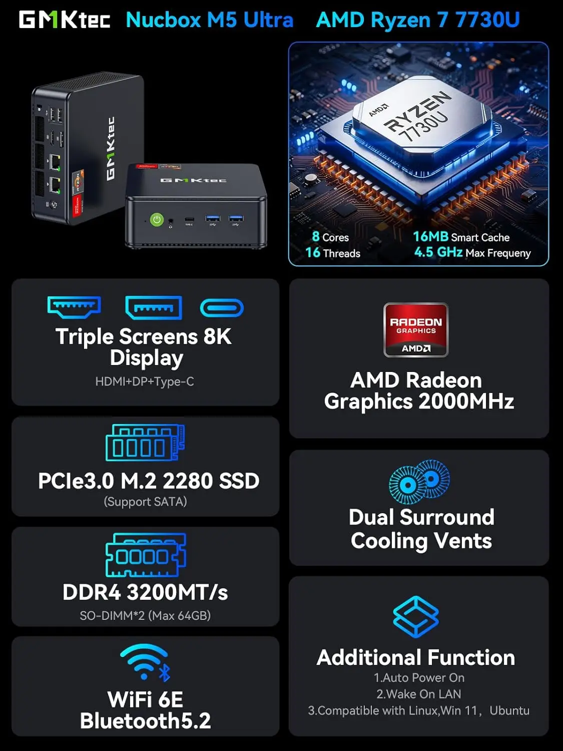 GMKtec M5 Ultra Nucbox Mini PC AMD Ryzen 7 7730U DDR4 3200MT/s