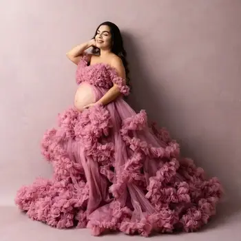 Roupões de maternidade rosa inchados para fotografia, ombro de fora, babados em camadas, vestidos de gravidez femininos, sexy, personalizados, vestidos de chá de bebê