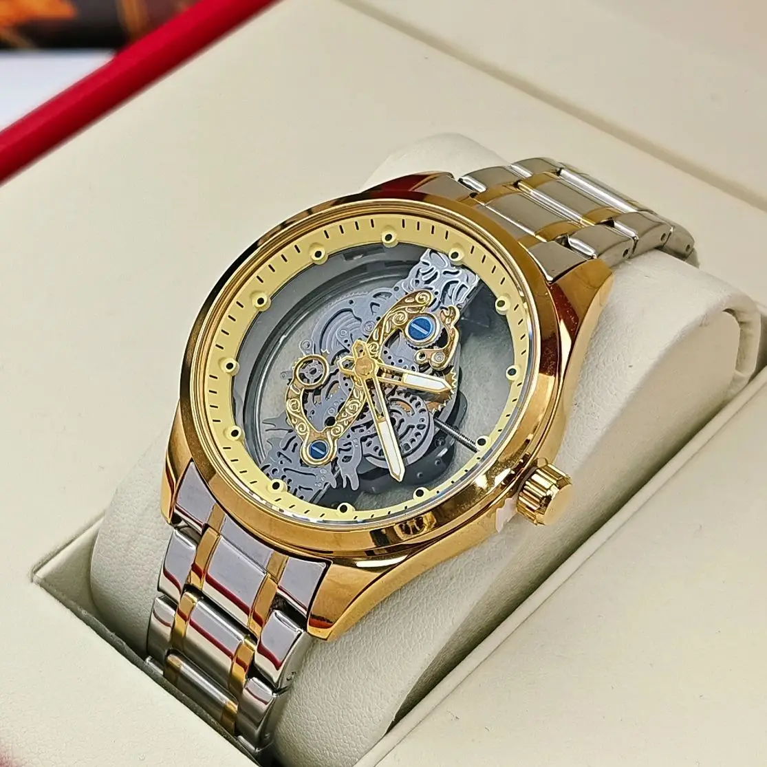 ساعة رجالية أوتوماتيكية فاخرة للأعمال من الطبقة العلوية، قرص دائري، تصميم هيكل عظمي على الوجهين، حزام من الفولاذ المقاوم للصدأ، كاجوال أنيق وبسيط ومضيء للرجال