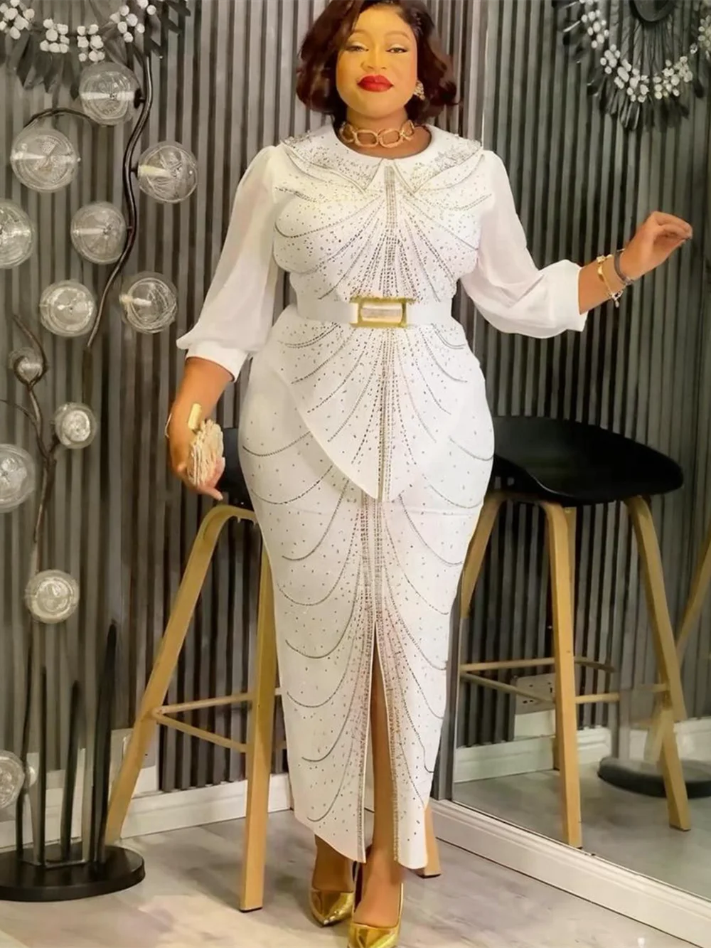 فساتين الحفلات الأفريقية مقاس كبير للنساء Dashiki Diamond Bodycon شق فستان طويل أنيق تركيا مسلم ثوب مسائي الزفاف