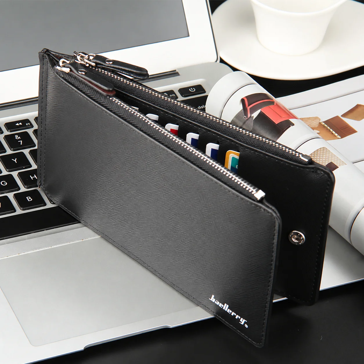 CFUN YA Men Long PU Bifold Wallet Textured Cover with Card Slots Clear ID Window Snap Closure and Zipped Pocket for Everyday Use