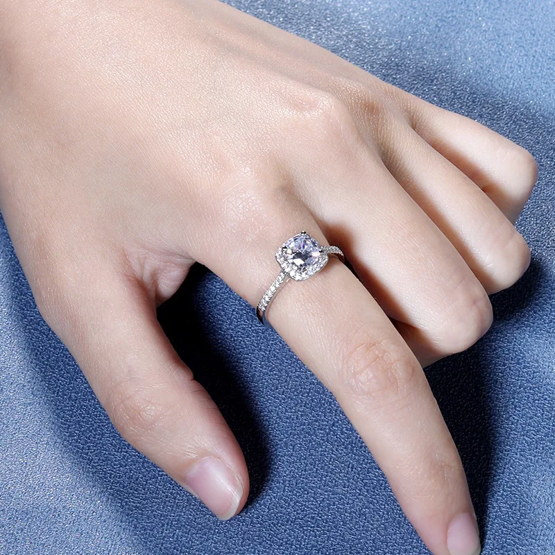 Solitaire Moissanite Engagement Square Rings for Women, 925 Sterling Silver Halo White Gold Ring for Promise Half Enternity