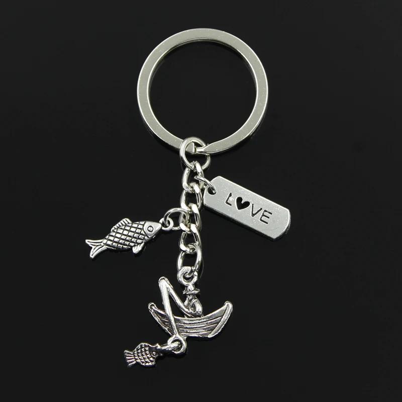 Fashion 30mm Key Chain Keychain Jewelry Silver Color Fisherman Boat Love Fishing Fish Pendant