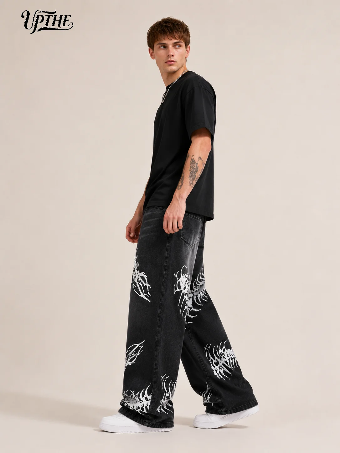 UP.THE Men Black Faded Baggy Wide Leg Jeans, Y2K Oversized Loose White Centipede Skeleton Print Denim Pants, Gothic Grunge Streetwear Trousers for Daily Outfits - view 7