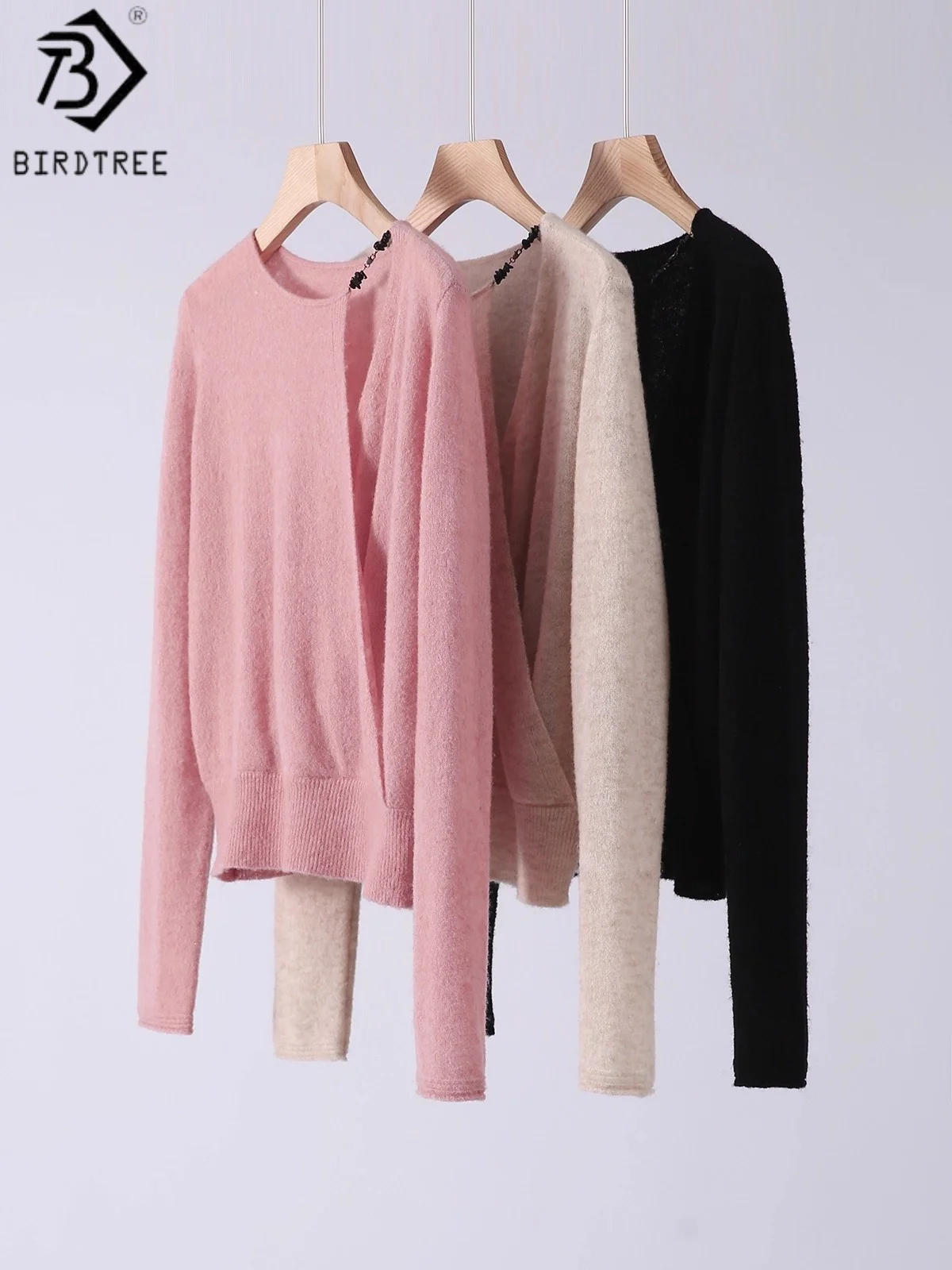 

Birdtree 67.4% Sheep Wool Knit Full Sleeve Sweater,Woman Wool Blend Loose Chain Hollow Cross Sweater Tops,2025 Autumn T58827JF