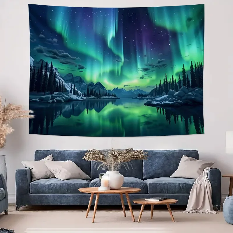 Northern Lights Aurora Sky Mountain Lake Landscape Wall Tapestry Machine Washable All Season Print Nature Scenery Design Home