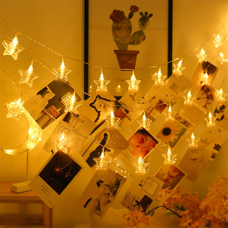 Bateria 40LED Estrela Foto Clip Fairy String Luz Criativa Natal Garland Luzes para Festa de Aniversário Home Bedroom Decor