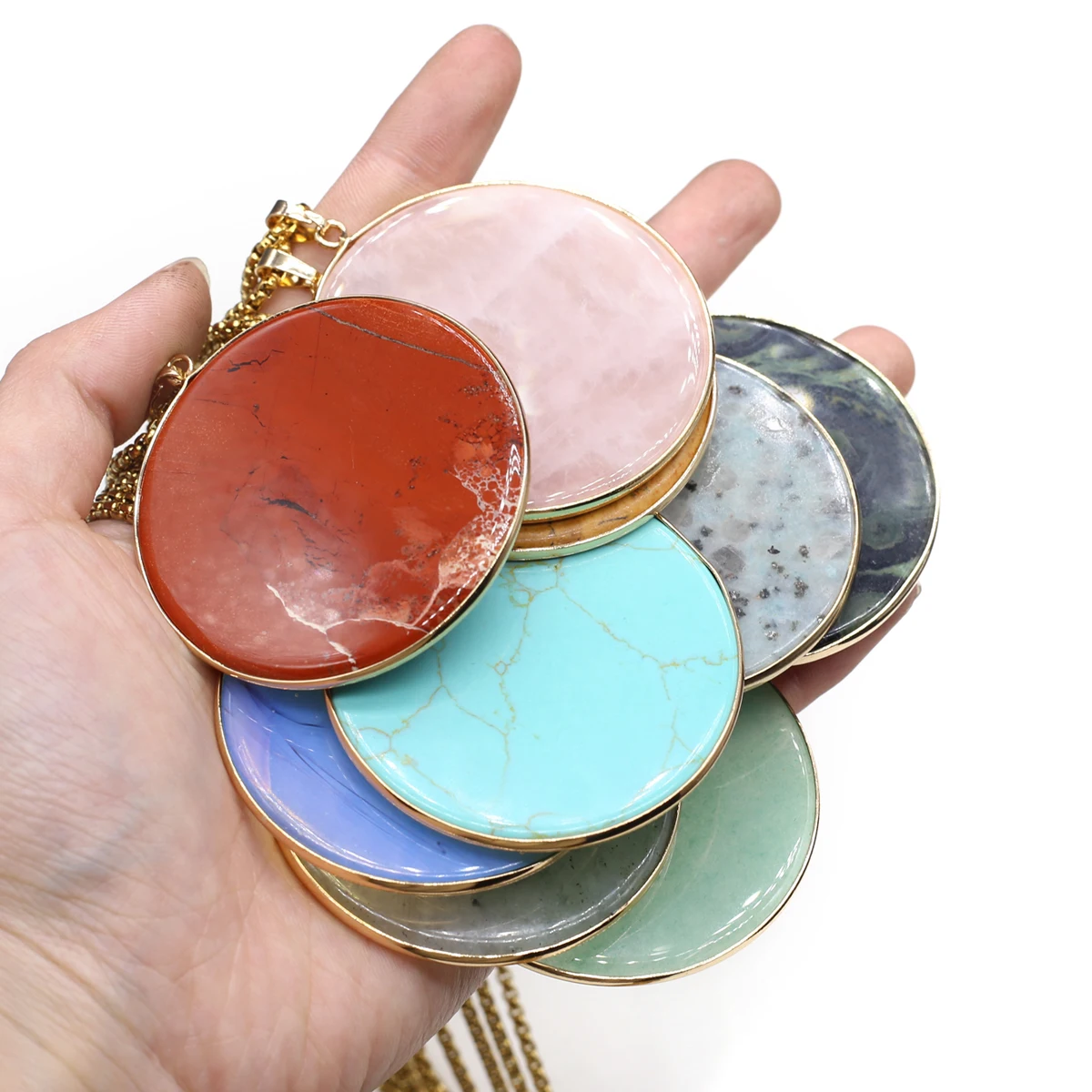 Natural StoneHealing Crystals Amazonite Round Pendant 50mm Necklace Stainless Steel Chain for Women Jewelry Gifts  60cm