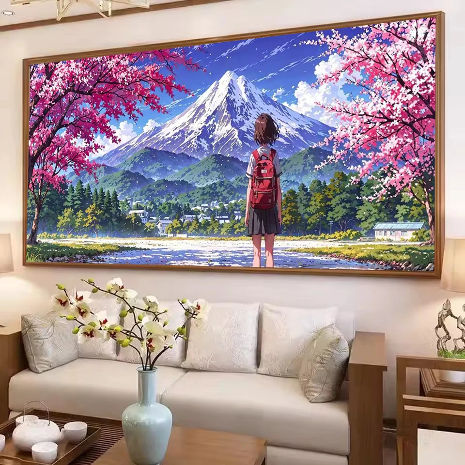 

Large 5D Diy Diamond Embroidery Dream City Landscape Mosaic Diamond Painting Sunset Fuji Mountain Cherry Scenery Rhinestones