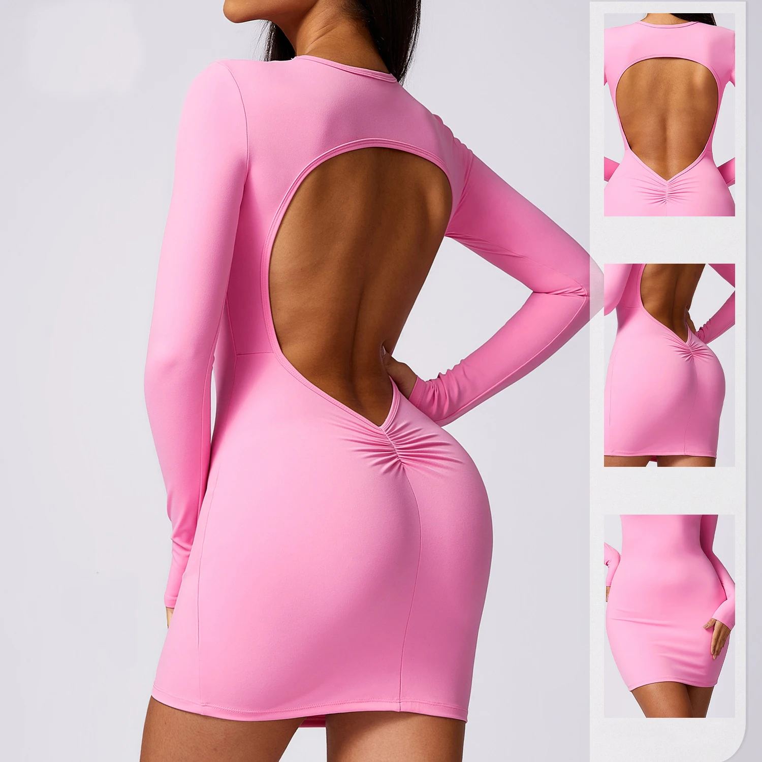 Long Sleeve Sexy Revealing Backpack Hip Dress Stretchy Skin-friendly Pure Lust Inner Skinny Skinny Tight Short Dress Spicy Girl