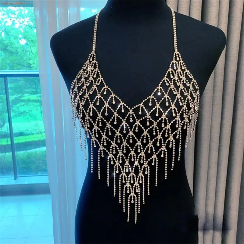 Q5WE Women Sexy Shiny for Rhinestone Tassel Halter Bra Faux Crystal Diamond Chain Chest Harness Body Jewelry Party Club Brale