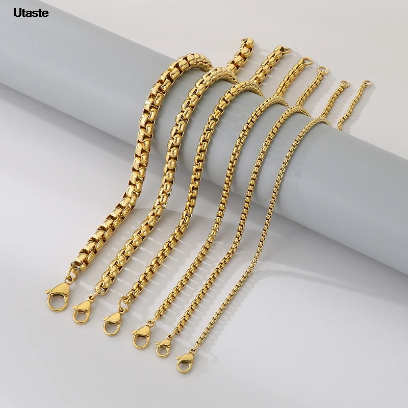 Fashion 60cm Long Box Chain Necklace Men Stainless Steel Black Gold Color Link Chains Basic Punk Jewelry Wholesale