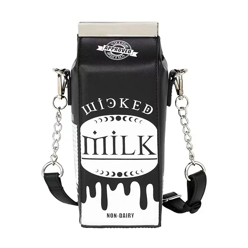 Women Shoulder Bags Cute Small Milk Box Design Lovely Drink Black Harajuku Style Crossbody Bag Girls Cartoon Printing Bag Purse