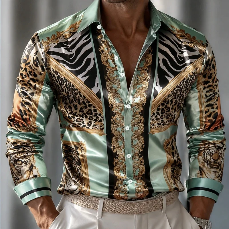 2026 New Men's Shirt Retro Baroque Pattern Animal Print Men's Long Sleeve Shirt Loose Collar Casual Top Trendy Long Sleeve Shirt