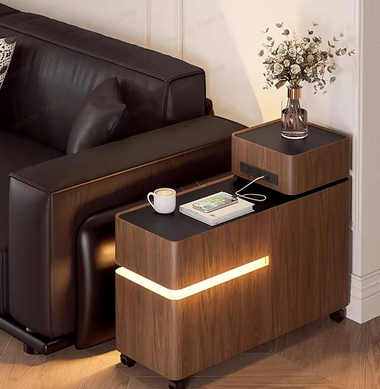 

Sofa side table Movable side cabinet Walnut high-end very narrow rock slab tea table Tea cabinet Sofa side cabinet