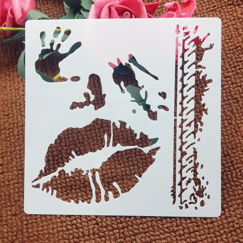 Palm Red Lips DIY Layering Stencils Painting Scrapbooking Coloring Embossing Album Stamp Decorative Template Reusable 13*13cm