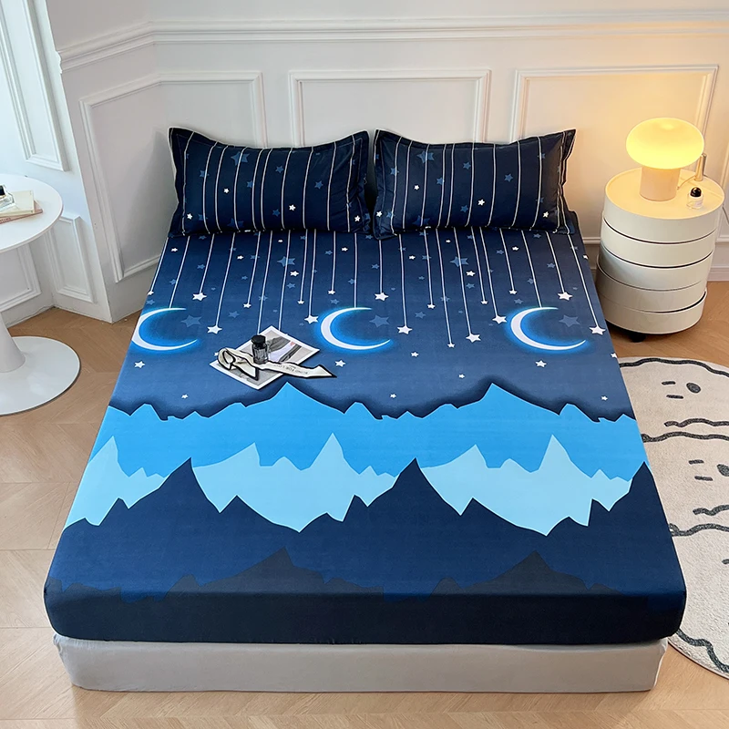 Moon Twinkle Stars Bed Sheet Set for Boy Girl Room Decor Soft Mountain Night Fitted Sheet Dark Blue Bed Cover with 2 Pillow Case